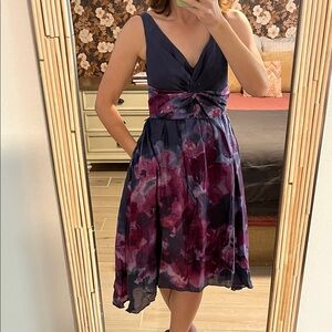 Neiman Marcus Lela Rose Navy and Purple Floral Midi Dress